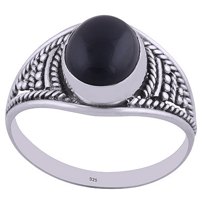 Stunning Textured work Around Black Onyx Oval Shape 925 Sterling Solid Silver Ring - R3401957-35