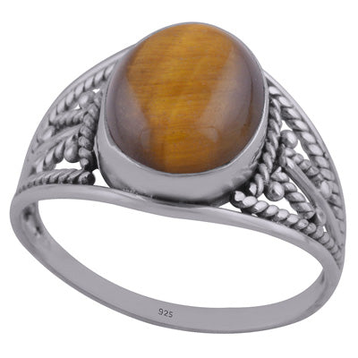 Beautiful Hand Work on Shank Tiger's Eye Oval Shape 925 Sterling Solid Silver Ring - R3401958-43