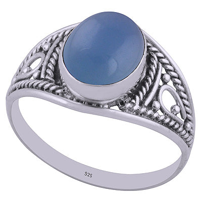 Gorgeous Textured Wire Work Around Blue Chalcedony Oval Shape 925 Sterling Solid Silver Ring - R3401959-31