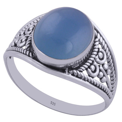 Gorgeous Handcrafted Work Around Blue Chalcedony Oval Shape 925 Sterling Solid Silver Ring - R3401972-38