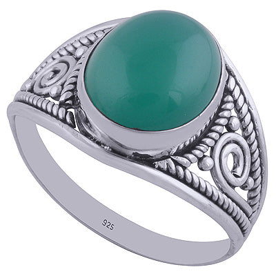 Stunning Handcrafted Work Around Green Onyx Oval Shape 925 Sterling Solid Silver Ring - R3401973-25