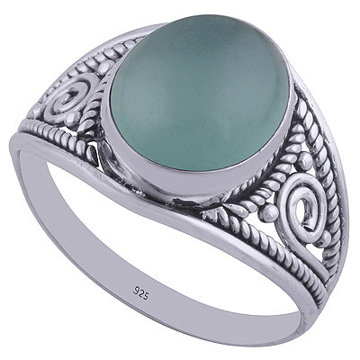Stunning Handcrafted Work Around Aqua Chalcedony Oval Shape 925 Sterling Solid Silver Ring - R3401973-38