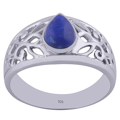 Beautiful Jali Cut Work Around Lapis Pear Shape 925 Sterling Solid Silver Ring - R3401982-16
