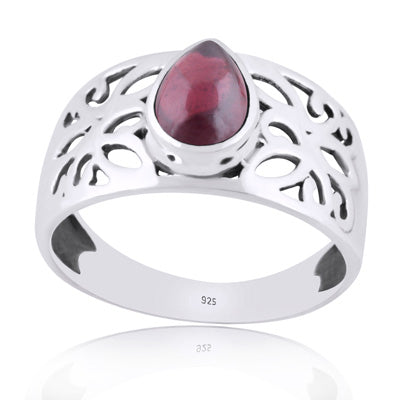 Beautiful Jali Cut Work Around Garnet Pear Shape 925 Sterling Solid Silver Ring - R3401982-52