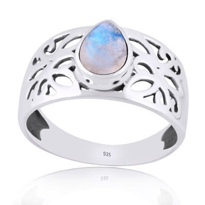 Beautiful Jali Cut Work Around Rainbow Moonstone Pear Shape 925 Sterling Solid Silver Ring - R3401982-54