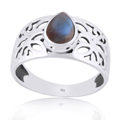Beautiful Jali Cut Work Around Labradorite Pear Shape 925 Sterling Solid Silver Ring - R3401982-55