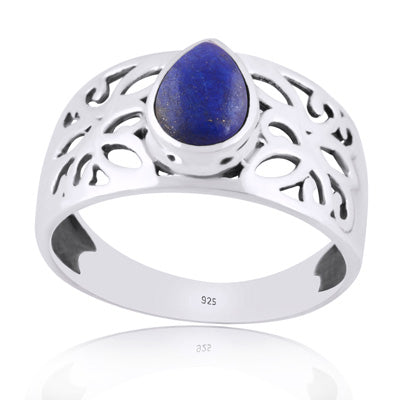 Beautiful Jali Cut Work Around Lapis Pear Shape 925 Sterling Solid Silver Ring - R3401982-56