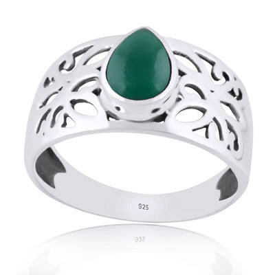 Beautiful Jali Cut Work Around Green Onyx Pear Shape 925 Sterling Solid Silver Ring - R3401982-58