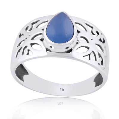 Beautiful Jali Cut Work Around Blue Chalcedony Pear Shape 925 Sterling Solid Silver Ring - R3401982-59