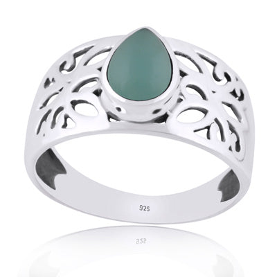 Beautiful Jali Cut Work Around Aqua Chalcedony Pear Shape 925 Sterling Solid Silver Ring - R3401982-60