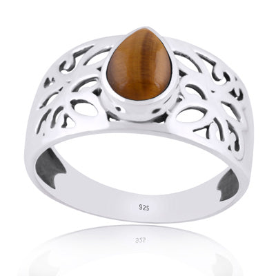 Beautiful Jali Cut Work Around Tiger's Eye Pear Shape 925 Sterling Solid Silver Ring - R3401982-61