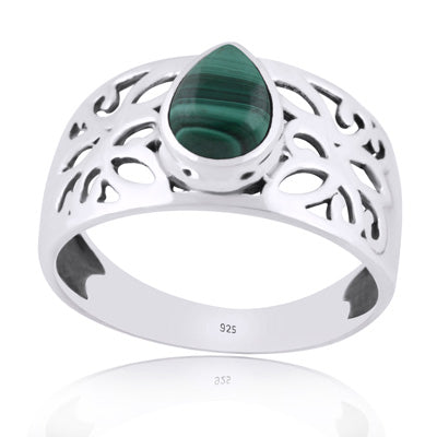 Beautiful Jali Cut Work Around Malachite Pear Shape 925 Sterling Solid Silver Ring - R3401982-62