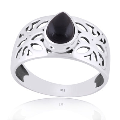 Beautiful Jali Cut Work Around Black Onyx Pear Shape 925 Sterling Solid Silver Ring - R3401982-63