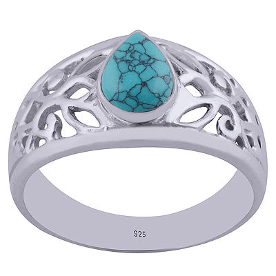 Beautiful Jali Cut Work Around Turquoise Pear Shape 925 Sterling Solid Silver Ring - R3401982-7