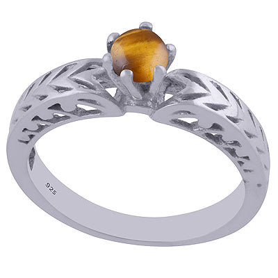 Gorgeous Jali Cut Work Around Tiger's Eye Round Shape 925 Sterling Solid Silver Ring - R3401983-28