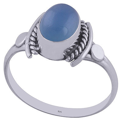 Oxidised Textured Wire Around Blue Chalcedony Oval Shape 925 Sterling Solid Silver Ring - R3402020-43