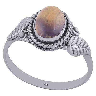 Stunning Twisted Handcrafted Leaf Around Tiger's Eye Oval Shape 925 Sterling Solid Silver Ring - R3402028-38