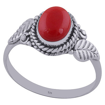 Stunning Twisted Handcrafted Leaf Around Coral Oval Shape 925 Sterling Solid Silver Ring - R3402028-44