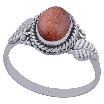 Stunning Twisted Handcrafted Leaf Around Golden Sun Stone Oval Shape 925 Sterling Solid Silver Ring - R3402028-51