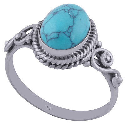 Beautiful Handwork Around Turquoise Oval Shape 925 Sterling Solid Silver Ring - R3402031-9