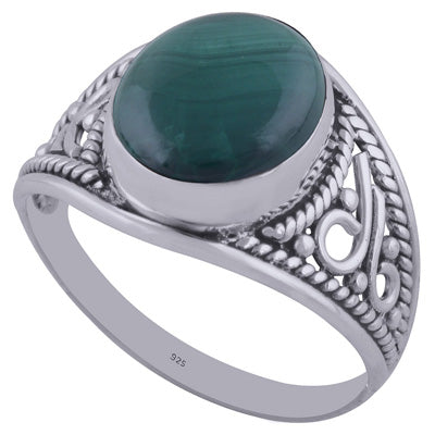 Beautiful Wire & Rawa Work Around Malachite Oval Shape 925 Sterling Solid Silver Ring - R3402042-70