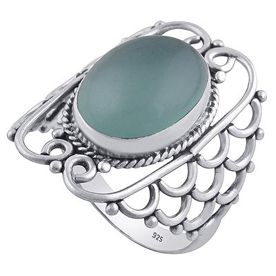 Gorgeous Hand Work on Shank Aqua Chalcedony Oval Shape 925 Sterling Solid Silver Ring - R3402071-26