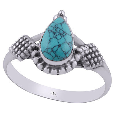 Beautifully Handcrafted Rawa Work Around Turquoise Pear Shape 925 Sterling Solid Silver Ring - R3402106-53