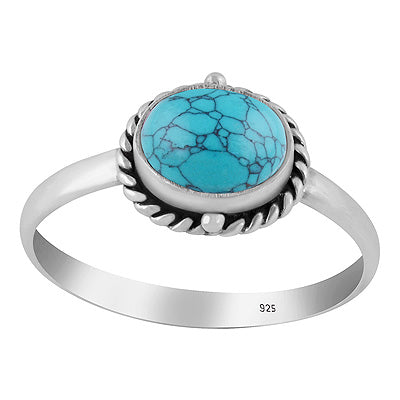Stunning Oxidised Twisted Wire And Rawa Work Around Turquoise Oval Shape 925 Sterling Solid Silver Ring - R3402142-21