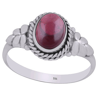 Stunning Textured Leaf Around Garnet Oval Shape 925 Sterling Solid Silver Ring - R3402156-72