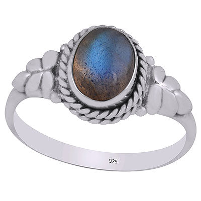 Stunning Textured Leaf Around Labradorite Oval Shape 925 Sterling Solid Silver Ring - R3402156-75
