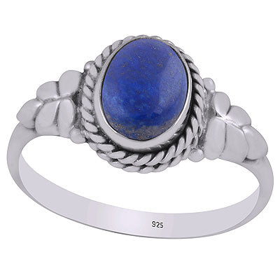 Stunning Textured Leaf Around Lapis Oval Shape 925 Sterling Solid Silver Ring - R3402156-76