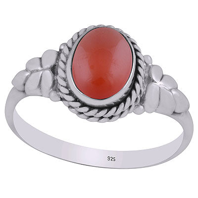 Stunning Textured Leaf Around Carnelian Oval Shape 925 Sterling Solid Silver Ring - R3402156-77
