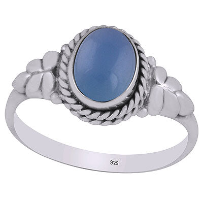 Stunning Textured Leaf Around Blue Chalcedony Oval Shape 925 Sterling Solid Silver Ring - R3402156-79
