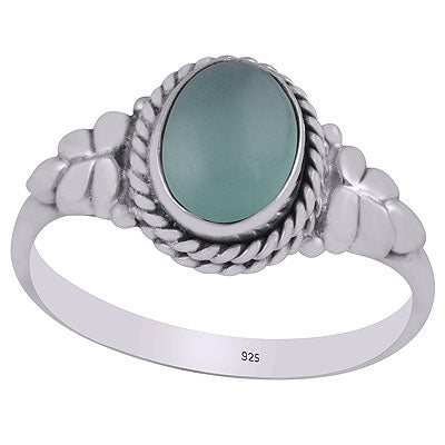 Stunning Textured Leaf Around Aqua Chalcedony Oval Shape 925 Sterling Solid Silver Ring - R3402156-80