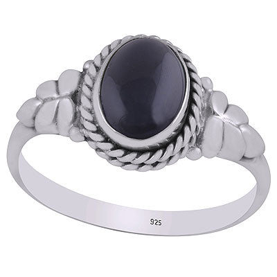 Stunning Textured Leaf Around Black Onyx Oval Shape 925 Sterling Solid Silver Ring - R3402156-84