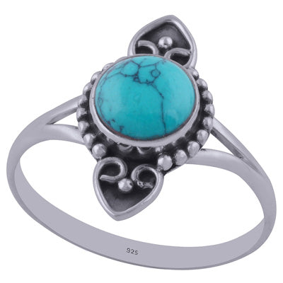Stunning Oxidised Handcrafted Work Turquoise Round Shape 925 Sterling Solid Silver Ring - R3402171-11