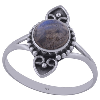 Stunning Oxidised Handcrafted Work Labradorite Round Shape 925 Sterling Solid Silver Ring - R3402171-21