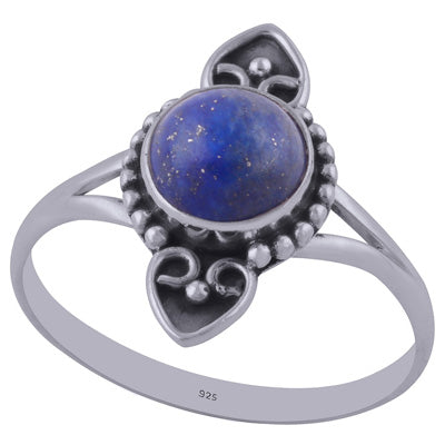 Stunning Oxidised Handcrafted Work Lapis Round Shape 925 Sterling Solid Silver Ring - R3402171-26
