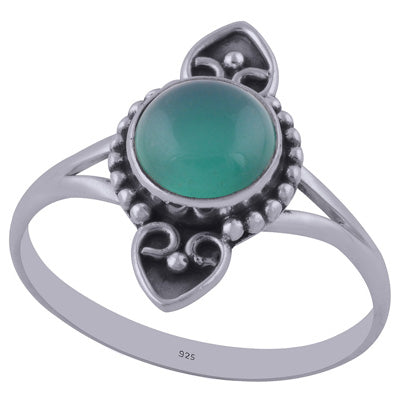 Stunning Oxidised Handcrafted Work Green Onyx Round Shape 925 Sterling Solid Silver Ring - R3402171-35