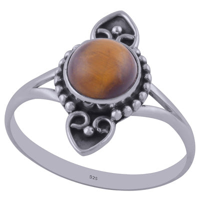 Stunning Oxidised Handcrafted Work Tiger's Eye Round Shape 925 Sterling Solid Silver Ring - R3402171-39