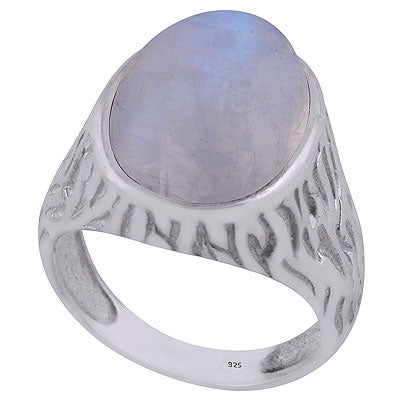 Stunning Handcrafted Oxidised Work Around Rainbow Moonstone Oval Shape 925 Sterling Solid Silver Ring - R3402258-53
