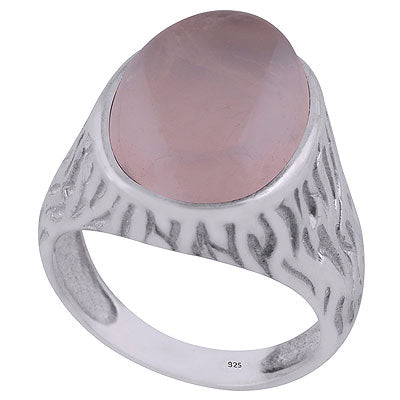Stunning Handcrafted Oxidised Work Around Rose Quartz Oval Shape 925 Sterling Solid Silver Ring - R3402258-60