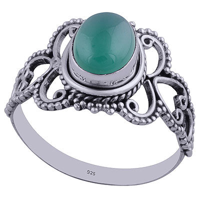 Alluring Rawa Work Pattern Around Green Onyx Oval Shape 925 Sterling Solid Silver Ring - R3402274-36