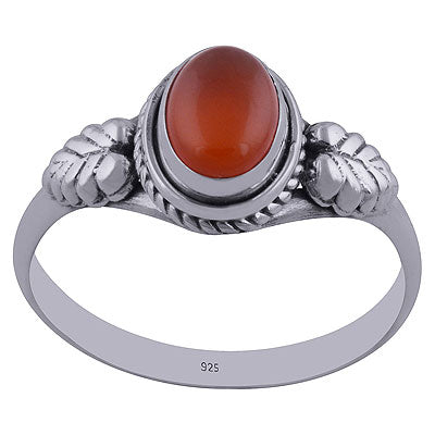 Stunning Textured Leaf work Around Carnelian Oval Shape 925 Sterling Solid Silver Ring - R3402281-33
