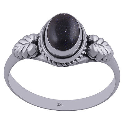 Stunning Textured Leaf work Around Blue Sun Stone Oval Shape 925 Sterling Solid Silver Ring - R3402281-40