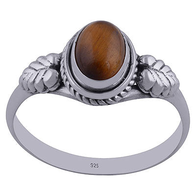 Stunning Textured Leaf work Around Tiger's Eye Oval Shape 925 Sterling Solid Silver Ring - R3402281-41