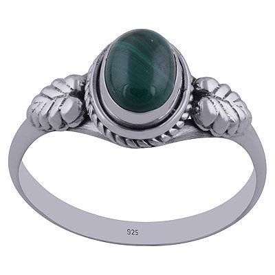 Stunning Textured Leaf work Around Malachite Oval Shape 925 Sterling Solid Silver Ring - R3402281-45