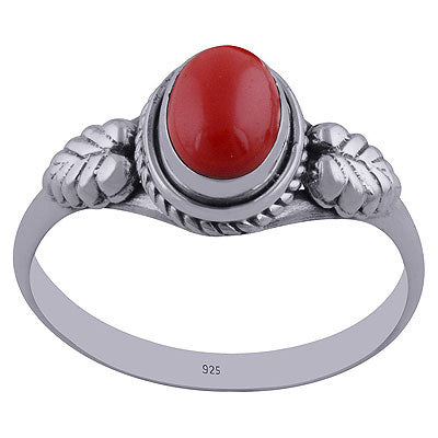 Stunning Textured Leaf work Around Coral Oval Shape 925 Sterling Solid Silver Ring - R3402281-51