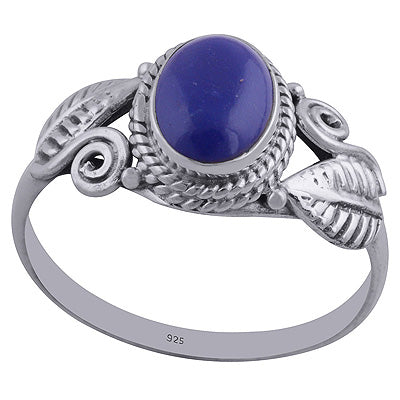 Gorgeous Textured Leaf Around Lapis Oval Shape 925 Sterling Solid Silver Ring - R3402307-16