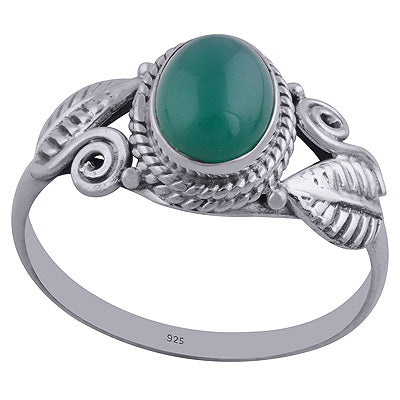Gorgeous Textured Leaf Around Green Onyx Oval Shape 925 Sterling Solid Silver Ring - R3402307-23